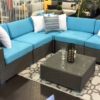 The Kitsilano is the most popular Patio Sectional that Vancouver Sofa carries, shown in grey wicker with aqua blue cushions