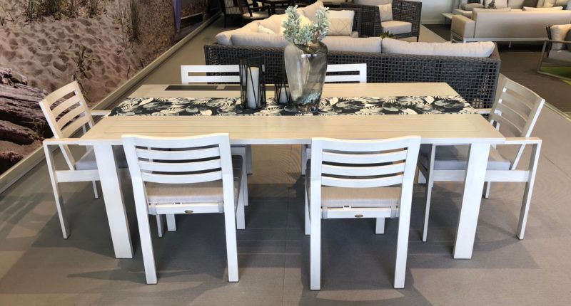 Vancouver Patio Furniture Featuring the Element Dining Table Ratana shown in White Color