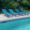 Lyon loungers in peacock next to a pool.