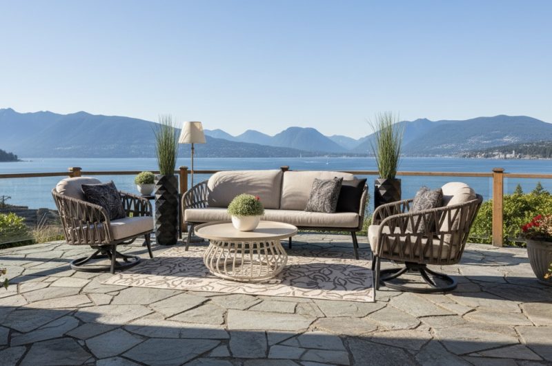 Hamptons patio set in Vancouver, overlooking the water