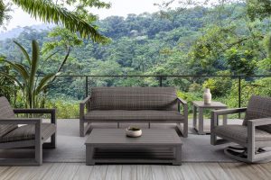 The Bergen by Ratana patio set with jungle back drop